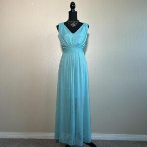 Vintage Aqua Blue Sparkly Chiffon Y2K Maxi Dress V-Neck Formal Evening Gown